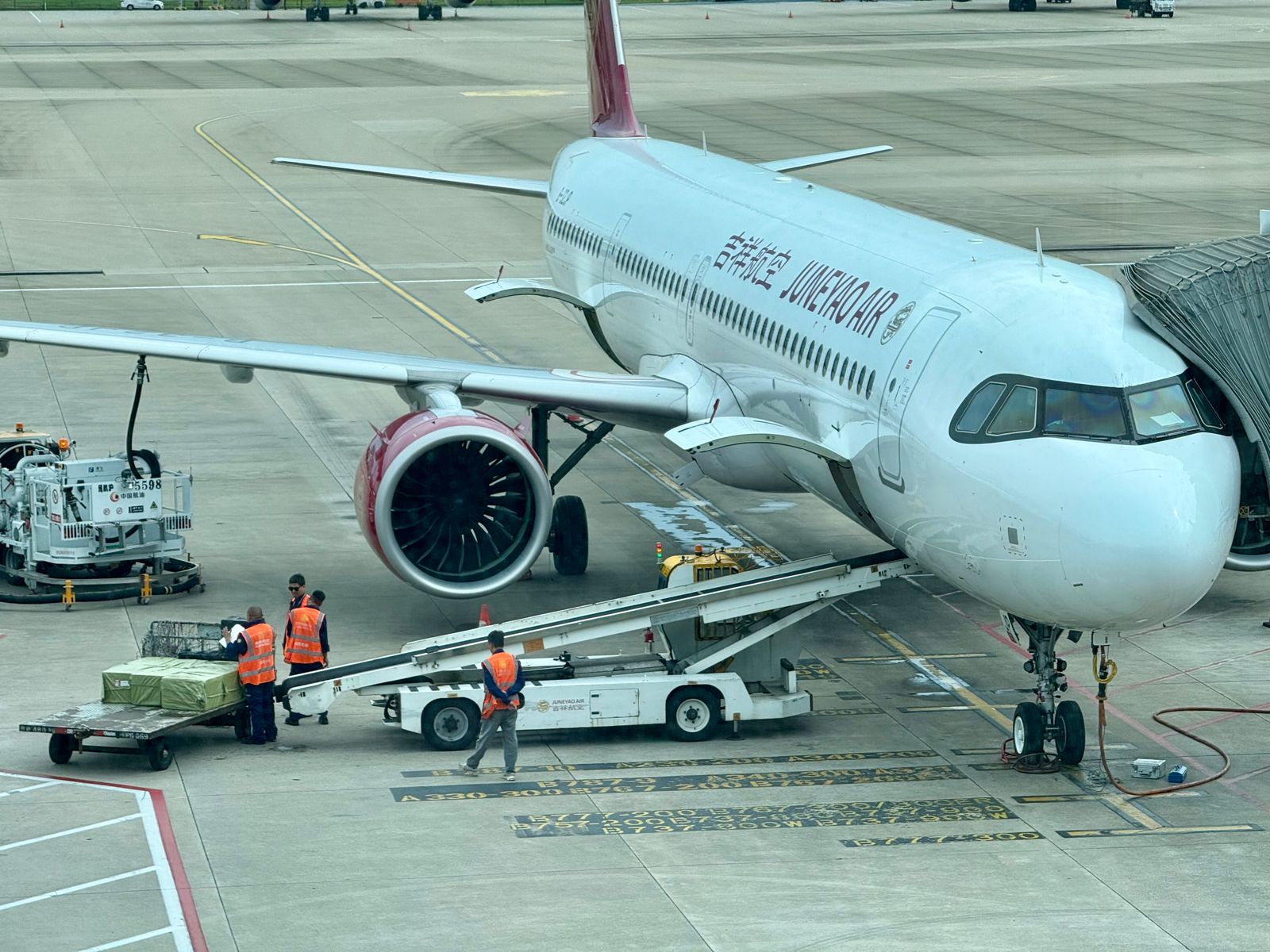 Airplane cargo loading at an airport terminal